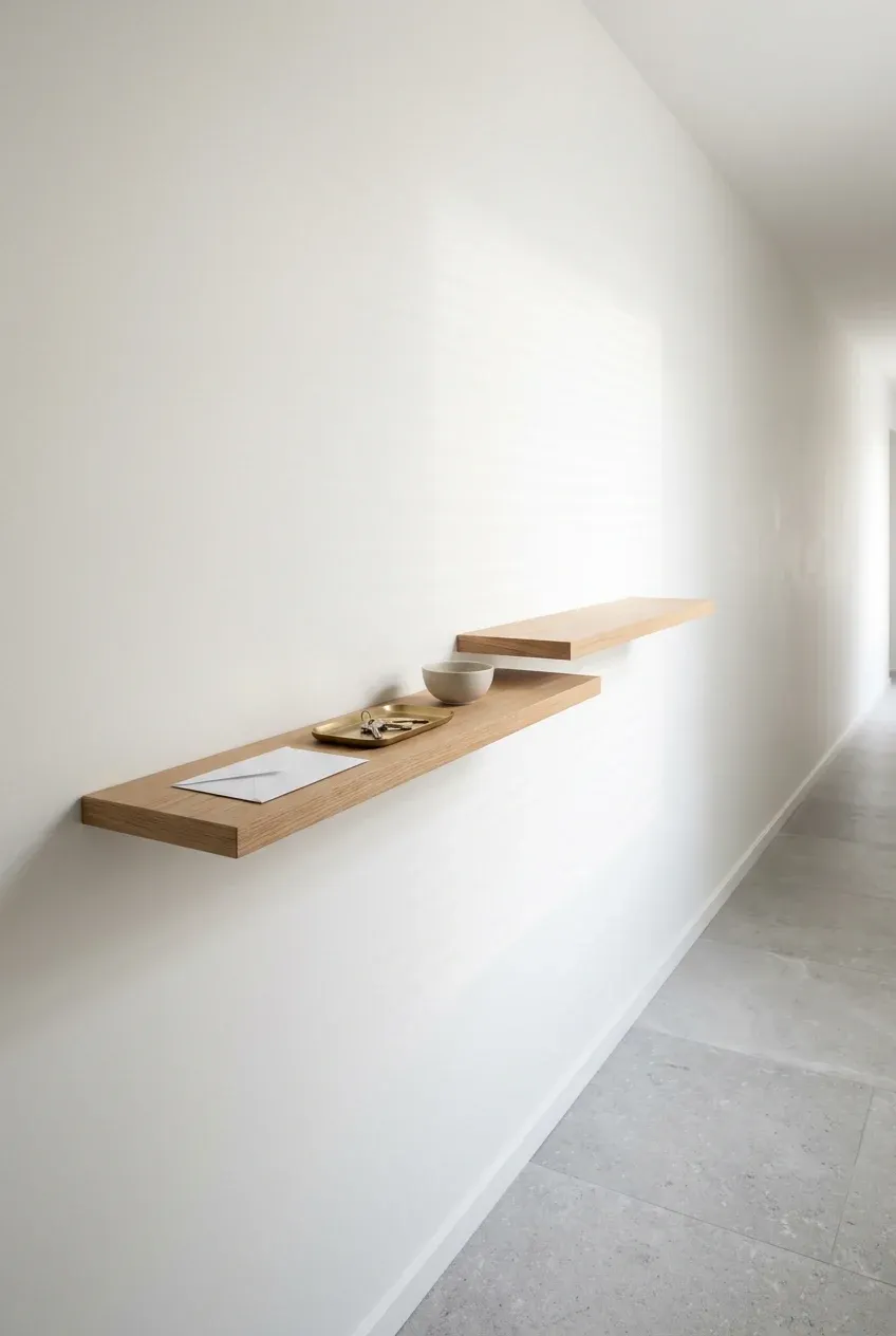 Oak floating shelves on a white wall in a narrow hallway holding keys and mail.