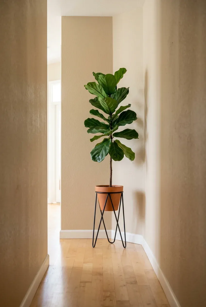 A tall Fiddle Leaf Fig plant in a black stand in the corner of a narrow hallway.