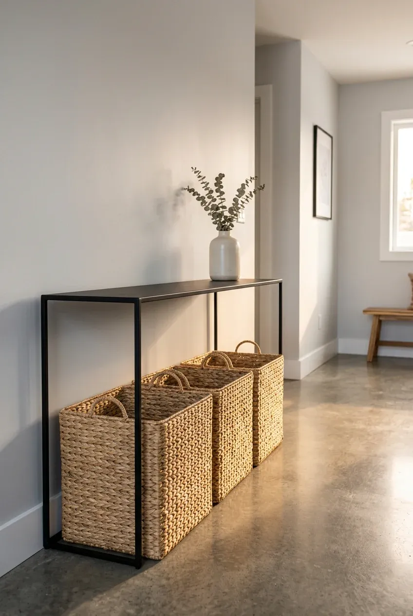 Three woven seagrass baskets tucked under a slim black console table in a hallway.