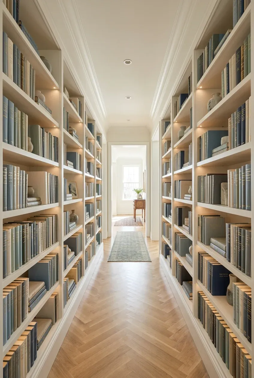 A long narrow entry hallway featuring floor-to-ceiling white built-in bookcases filled with books.