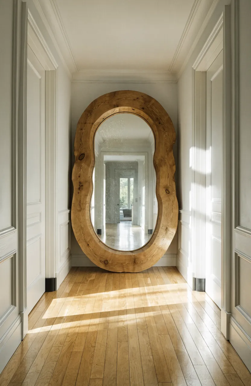 A long narrow hallway with a large oak-framed mirror leaning against the back wall, reflecting light and space.