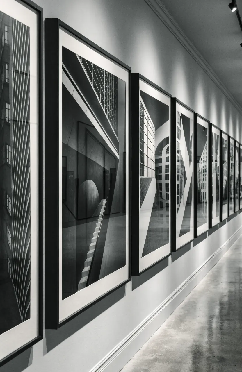 A series of identical black frames with white matting arranged in a perfect line along a narrow hallway wall.