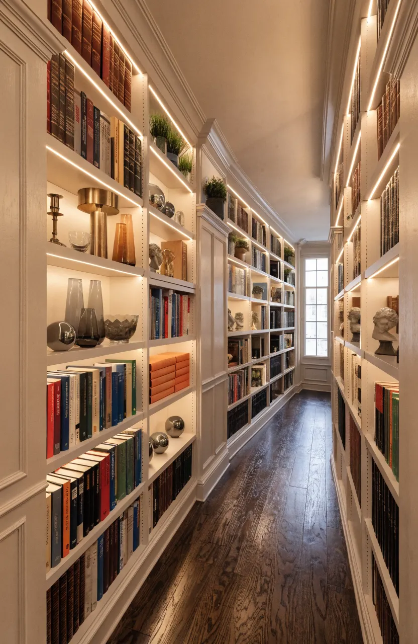Tall, shallow built-in bookshelves filled with books lining the wall of a narrow residential hallway.