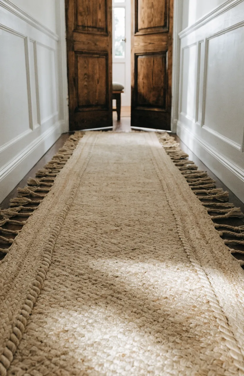 A textured tan jute runner rug placed on dark wood floors in a long, narrow sunlit corridor.
