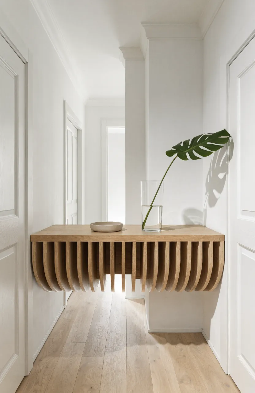 A wall-mounted light wood floating shelf used as a console table in a narrow modern hallway.