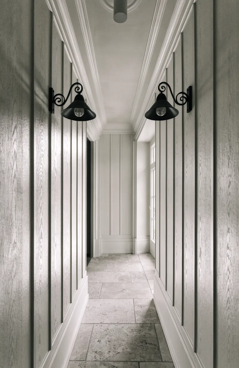 Vertical white shiplap boards on the walls of a narrow hallway, making the ceiling appear taller.