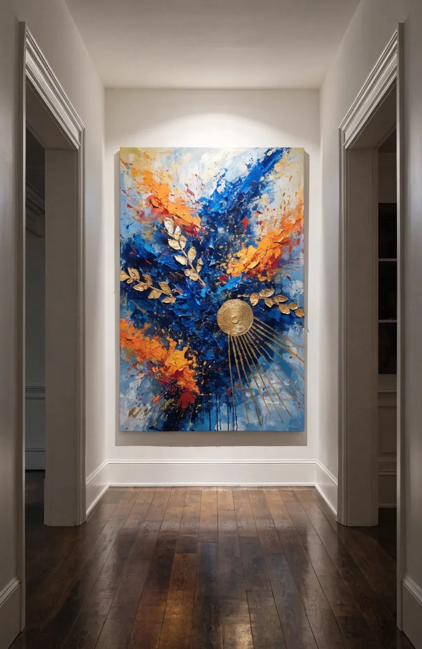 A large, colorful abstract painting hanging at the very end of a long, narrow white hallway.