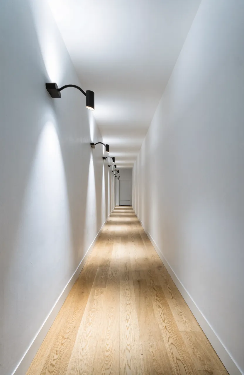A long white hallway with modern black wall sconces creating a rhythmic light pattern on oak floors.