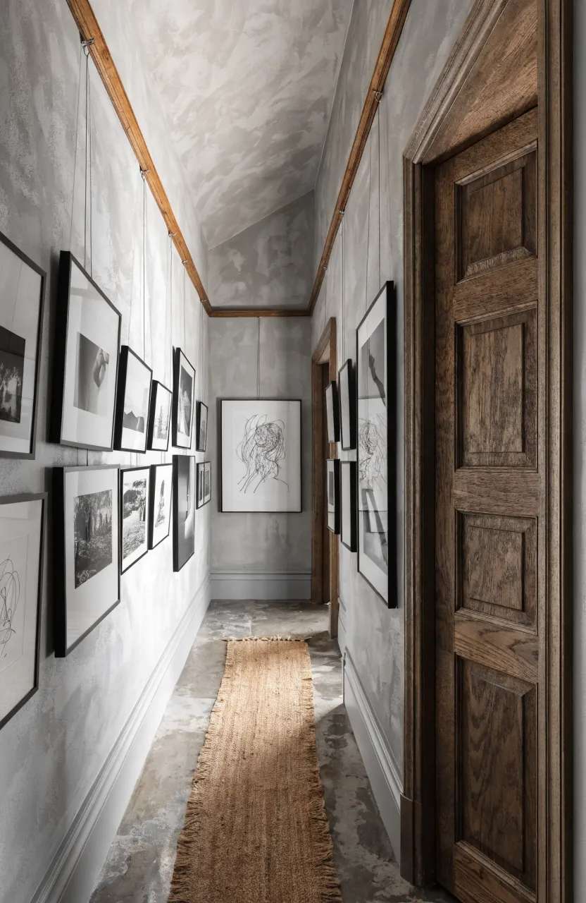A narrow hallway with a high wooden picture rail and art frames hanging from thin vertical wires.