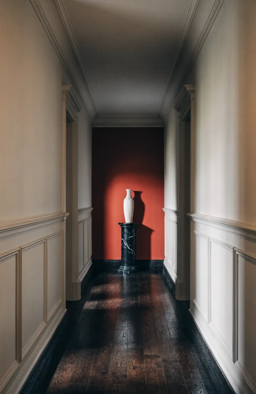 A long white hallway ending in a bold terracotta accent wall with a decorative pedestal.