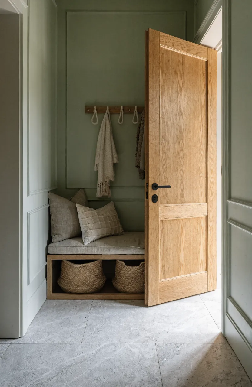 A slim wooden bench with storage baskets in a narrow hallway with light green walls.