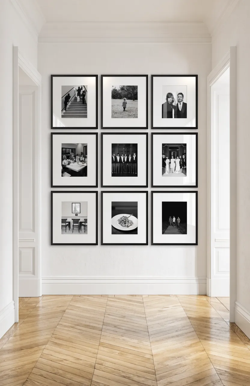 A symmetrical grid of black and white framed photos on a white hallway wall.
