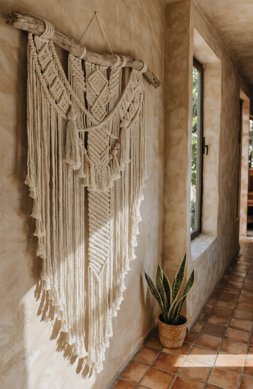 A large cream macrame textile hanging on a warm sand-colored wall in a narrow hallway.