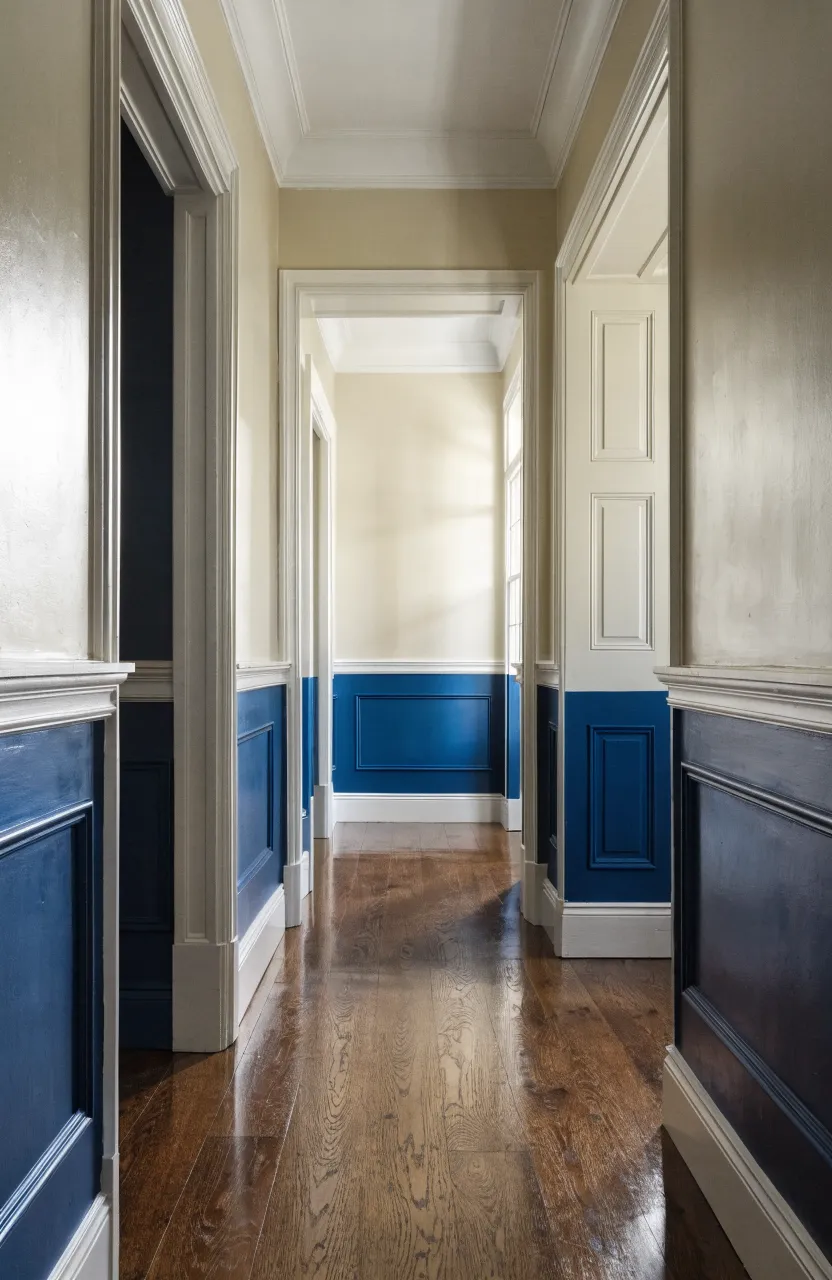 A narrow hallway with navy blue lower walls and cream upper walls separated by a white chair rail.