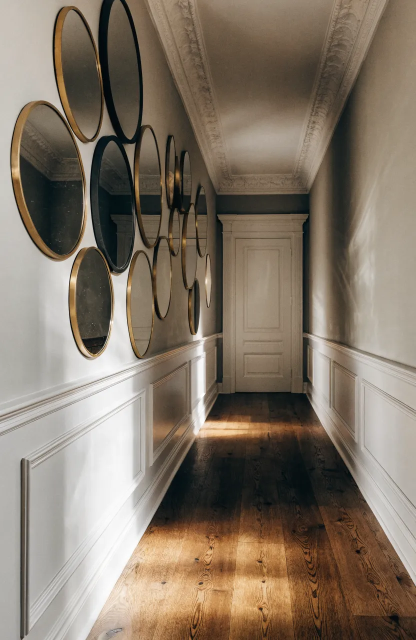 A long narrow hallway decorated with a cluster of various sized circular mirrors on a neutral wall.