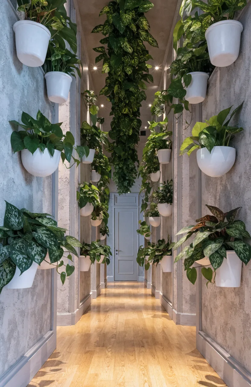 A narrow hallway featuring a wall-mounted vertical garden with trailing green plants in white pots.