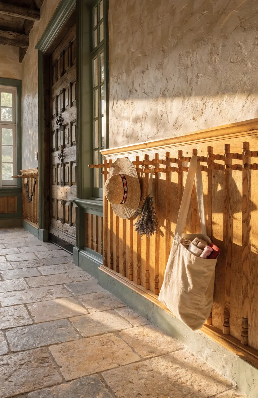 A vintage wooden peg rail in a long hallway holding a straw hat and dried flowers.