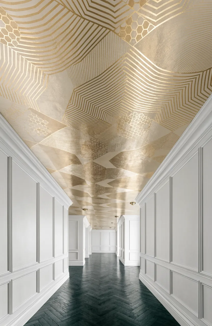 A long hallway with white walls and a decorative gold geometric wallpaper on the ceiling.