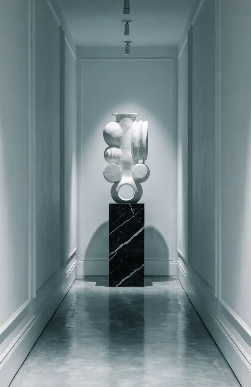 A slim black pedestal with a white sculptural vase at the end of a long modern hallway.