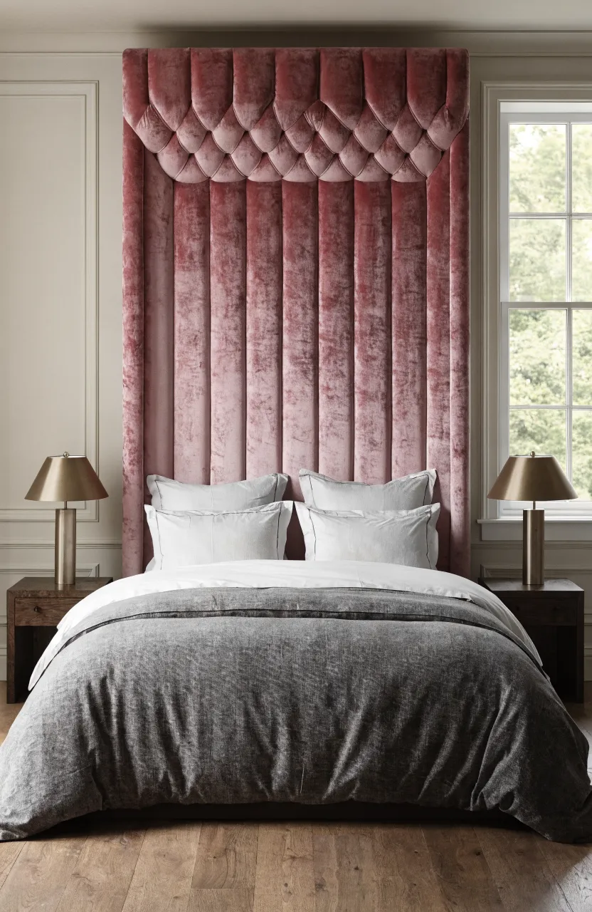 A luxurious dusty rose velvet headboard on a bed with gray and white linens in a bright, modern bedroom.