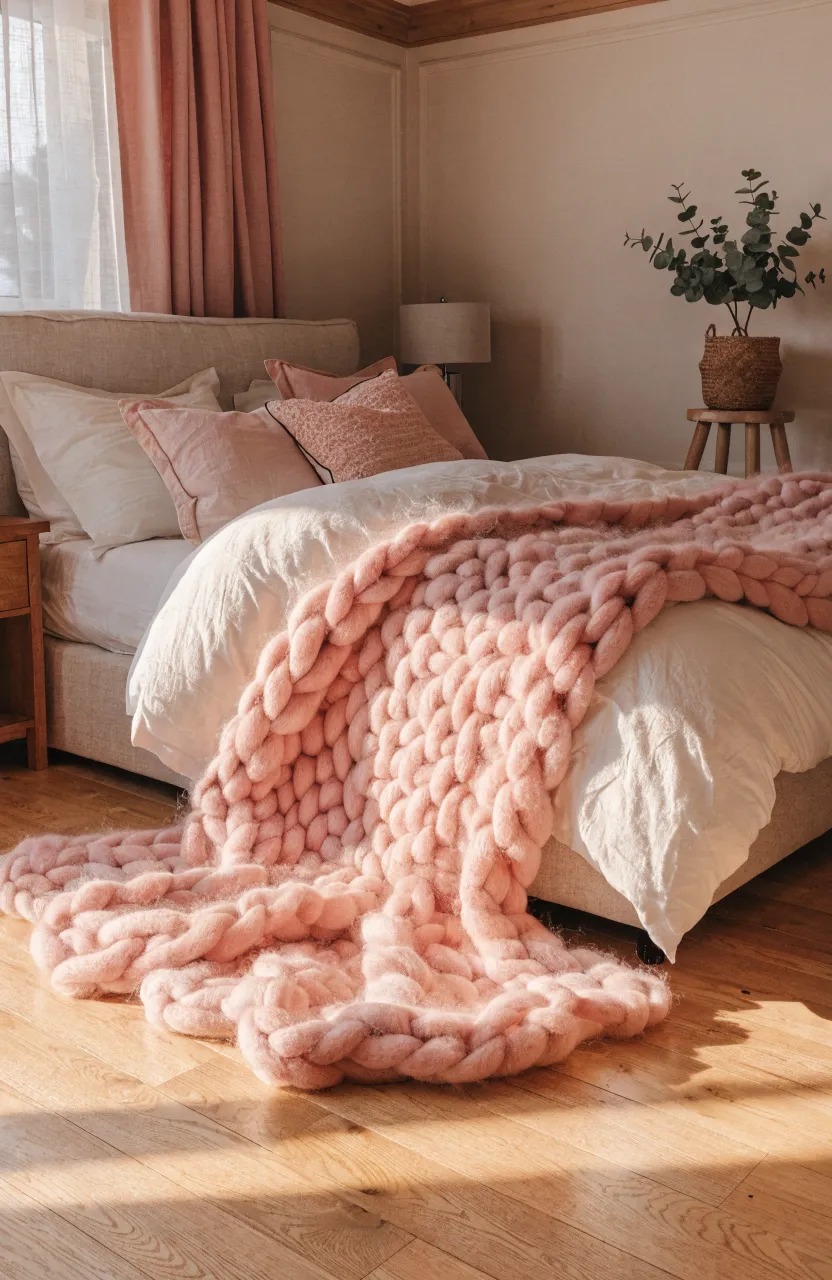 A chunky blush pink knit blanket draped over a white bed in a sunlit, cozy bedroom with wood floors.