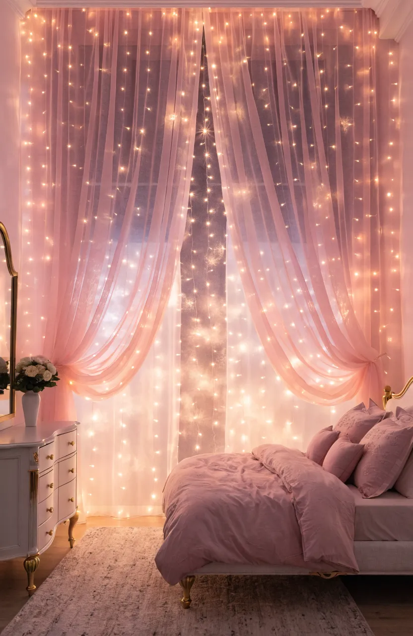Warm fairy lights glowing behind sheer pink curtains in a cozy, dimly lit bedroom at twilight.
