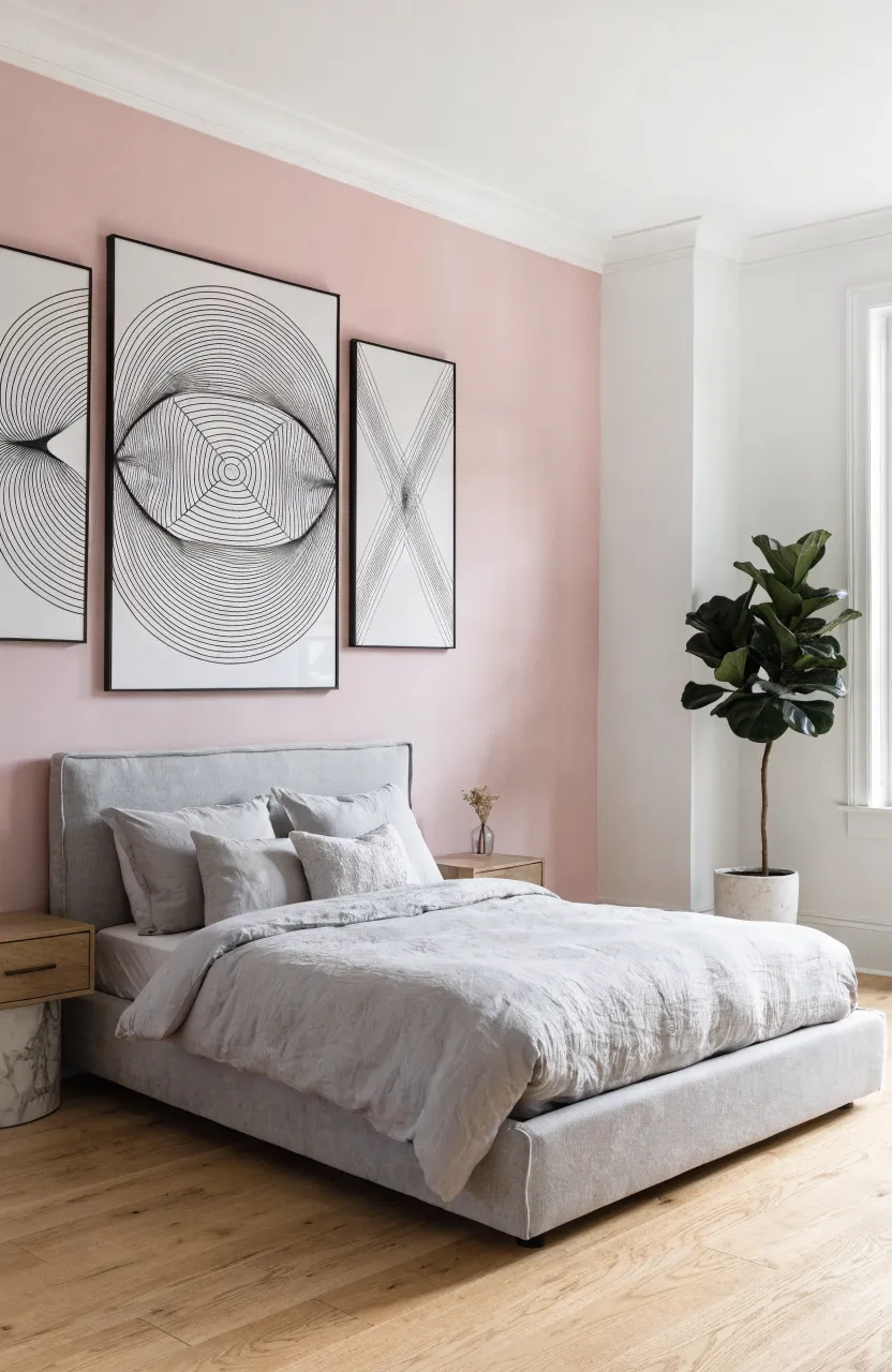 A bedroom with a matte pale pink accent wall, minimalist gray bed, and clean modern decor.
