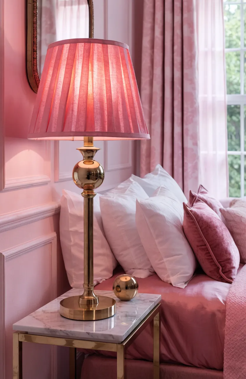 A brass bedside lamp with a pink shade on a marble nightstand in an elegant, cozy bedroom.