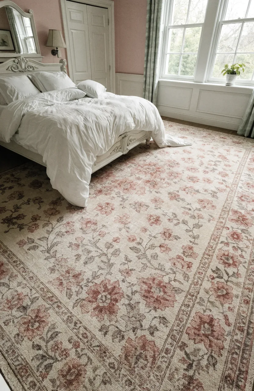 A large cream and rose patterned rug on the floor of a cozy bedroom with white furniture.