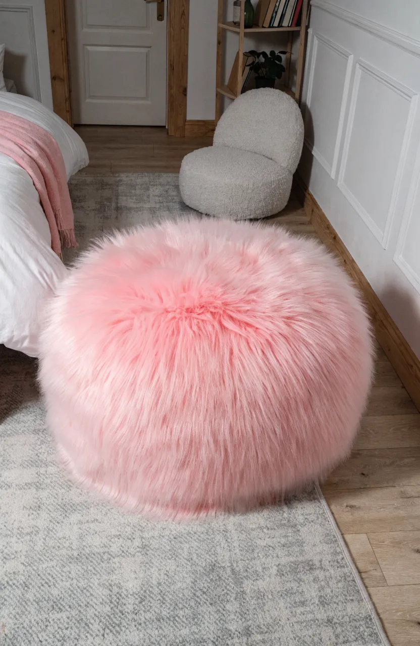 A fluffy pink faux fur pouf sitting on a gray rug in the corner of a cozy pink bedroom.