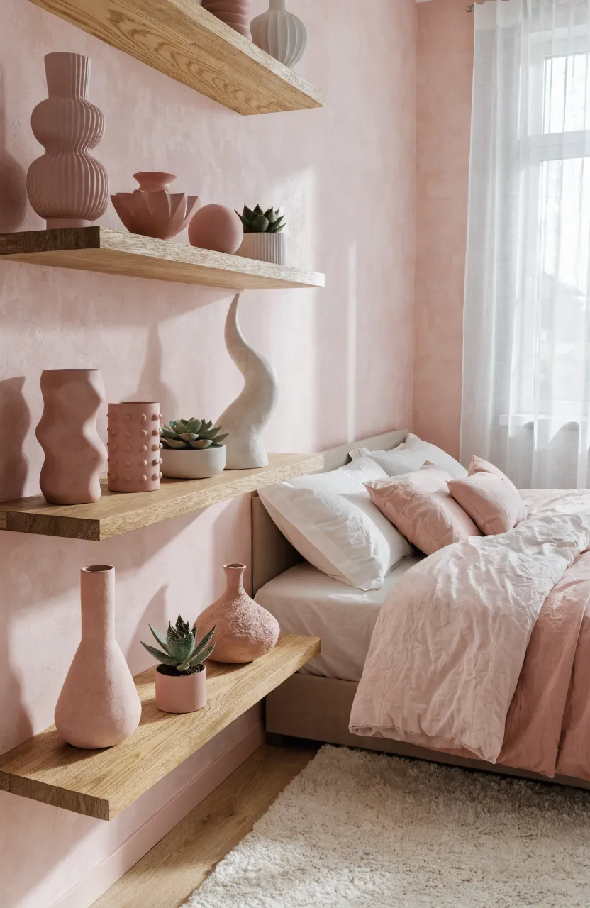Light oak floating shelves with pink ceramic vases in a bright, cozy pink bedroom.