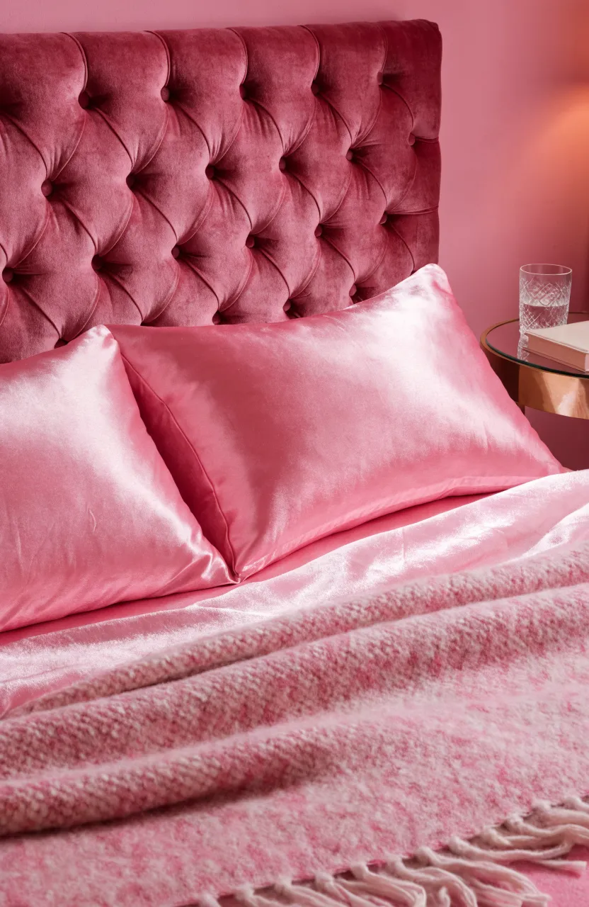 Shimmering soft pink satin pillowcases on a neatly made bed in a cozy room.