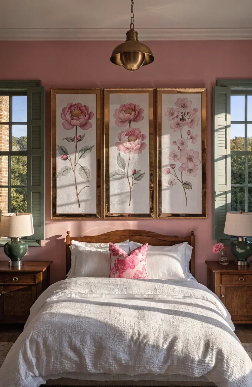 Framed botanical prints of pink flowers hanging on a dusty rose bedroom wall.