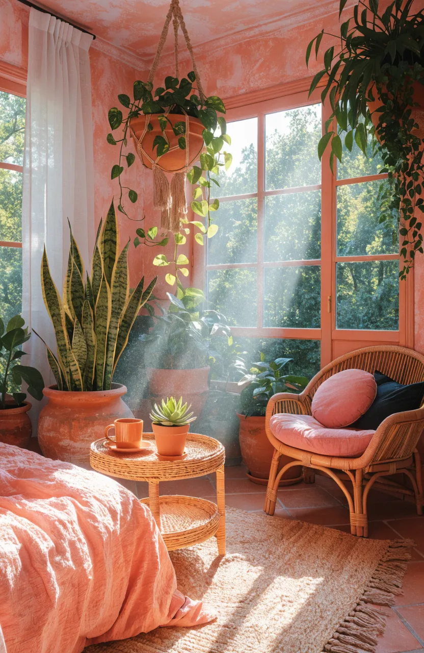 Green leafy plants in terracotta pots contrasting against warm pink bedroom walls.