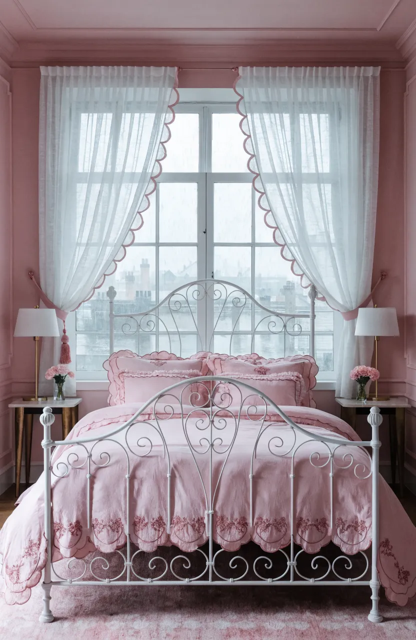 A bed with soft pink scalloped edge linens in a bright, feminine bedroom.