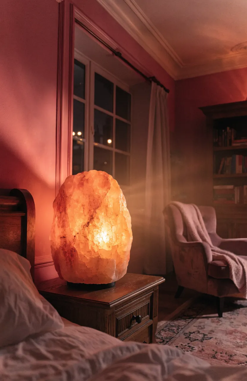 A glowing Himalayan salt lamp on a nightstand in a cozy, dim pink bedroom.