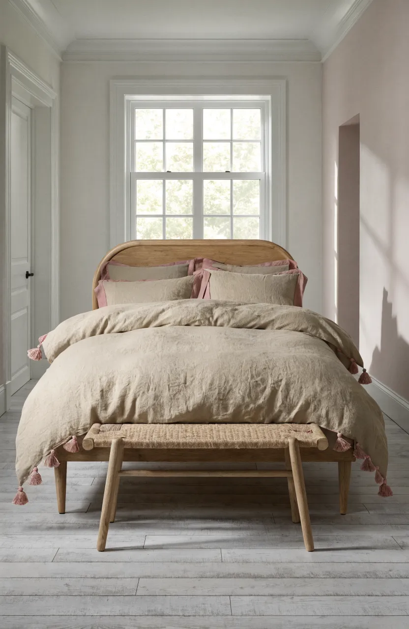 Beige linen bedding with pink tassel trim in a bright, minimalist bedroom.