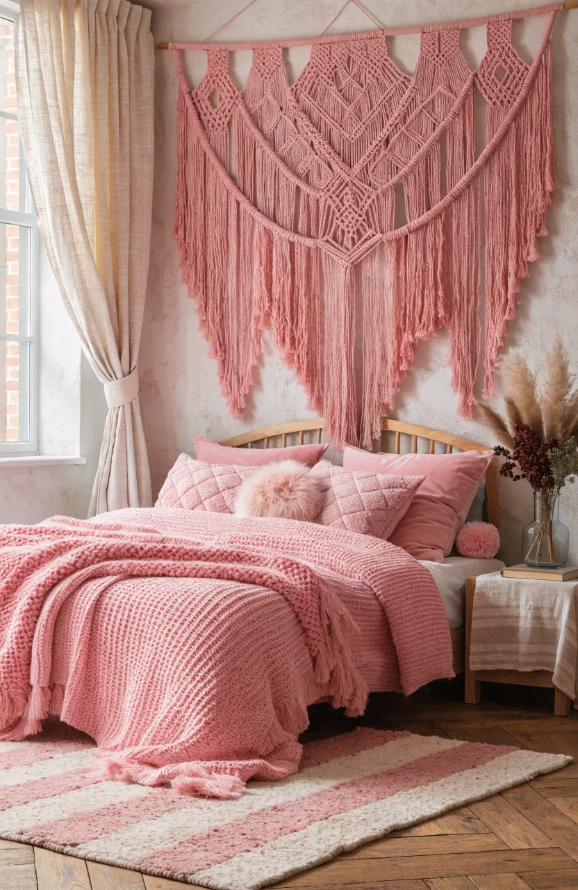 A large pink macrame wall hanging displayed above a bed in a cozy, bohemian-style bedroom.