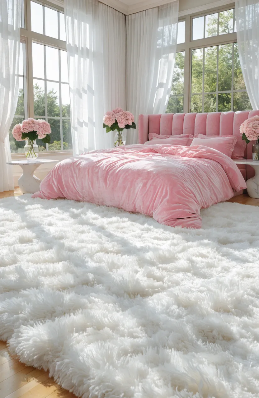 A plush white shag carpet on hardwood floors in a bright bedroom with pink accents.