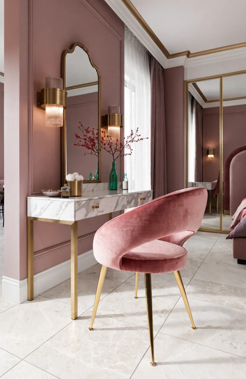 A pink velvet vanity chair with gold legs set against a marble desk in a chic pink bedroom.