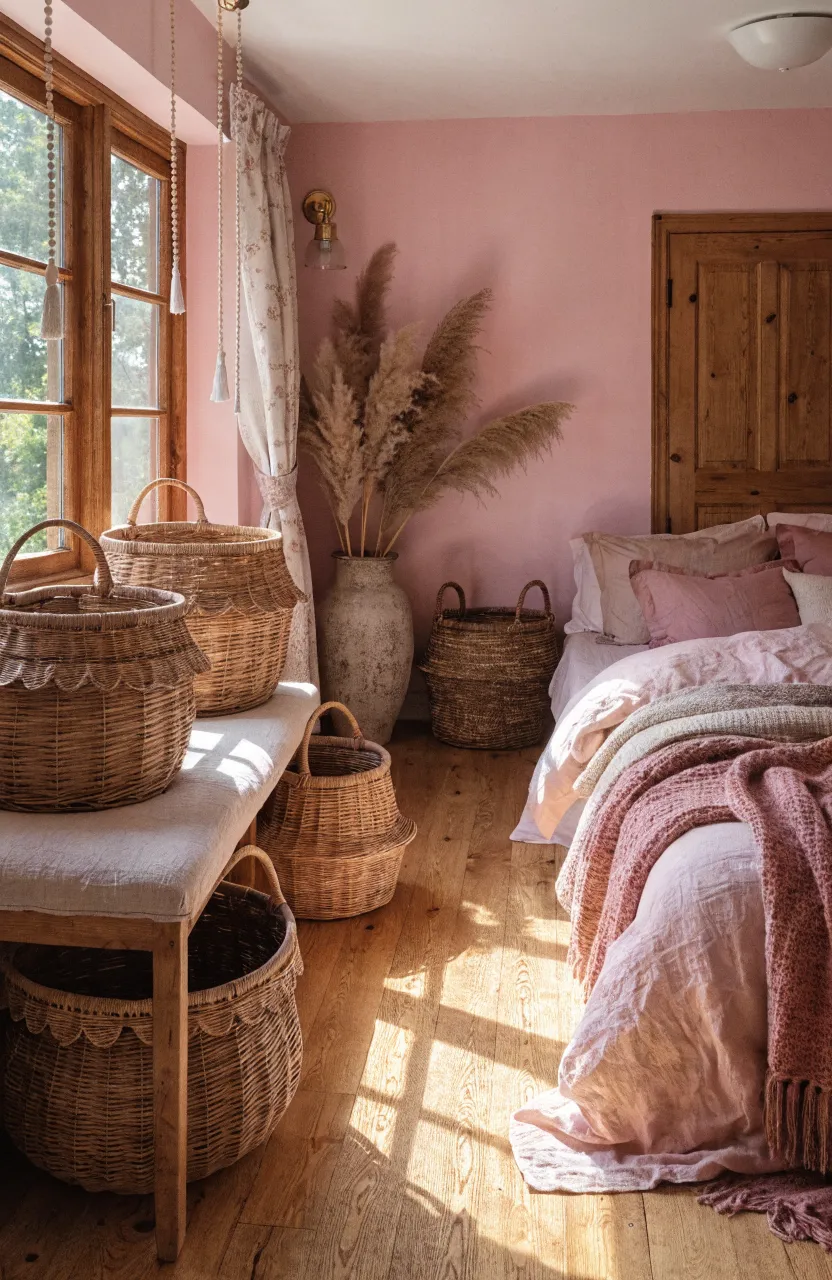 Natural woven willow baskets used for storage in a cozy, rustic-themed pink bedroom.
