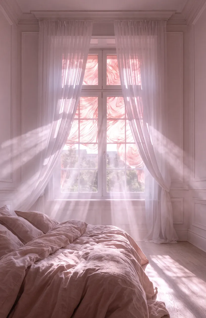 Sunlight streaming through rose-tinted window film, filling a white and pink bedroom with a soft glow.
