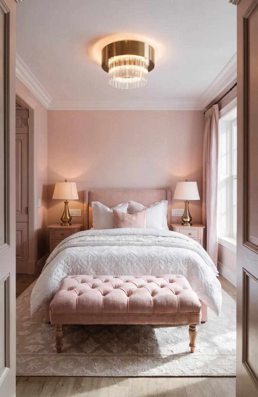 A plush pink tufted bench placed at the foot of a bed in a well-decorated pink bedroom.