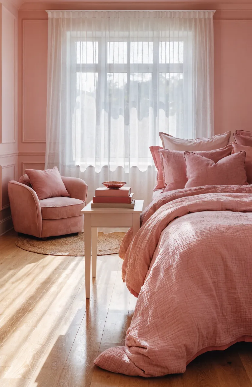 A stack of pink and cream books on a white nightstand in a sunlit, cozy pink bedroom.