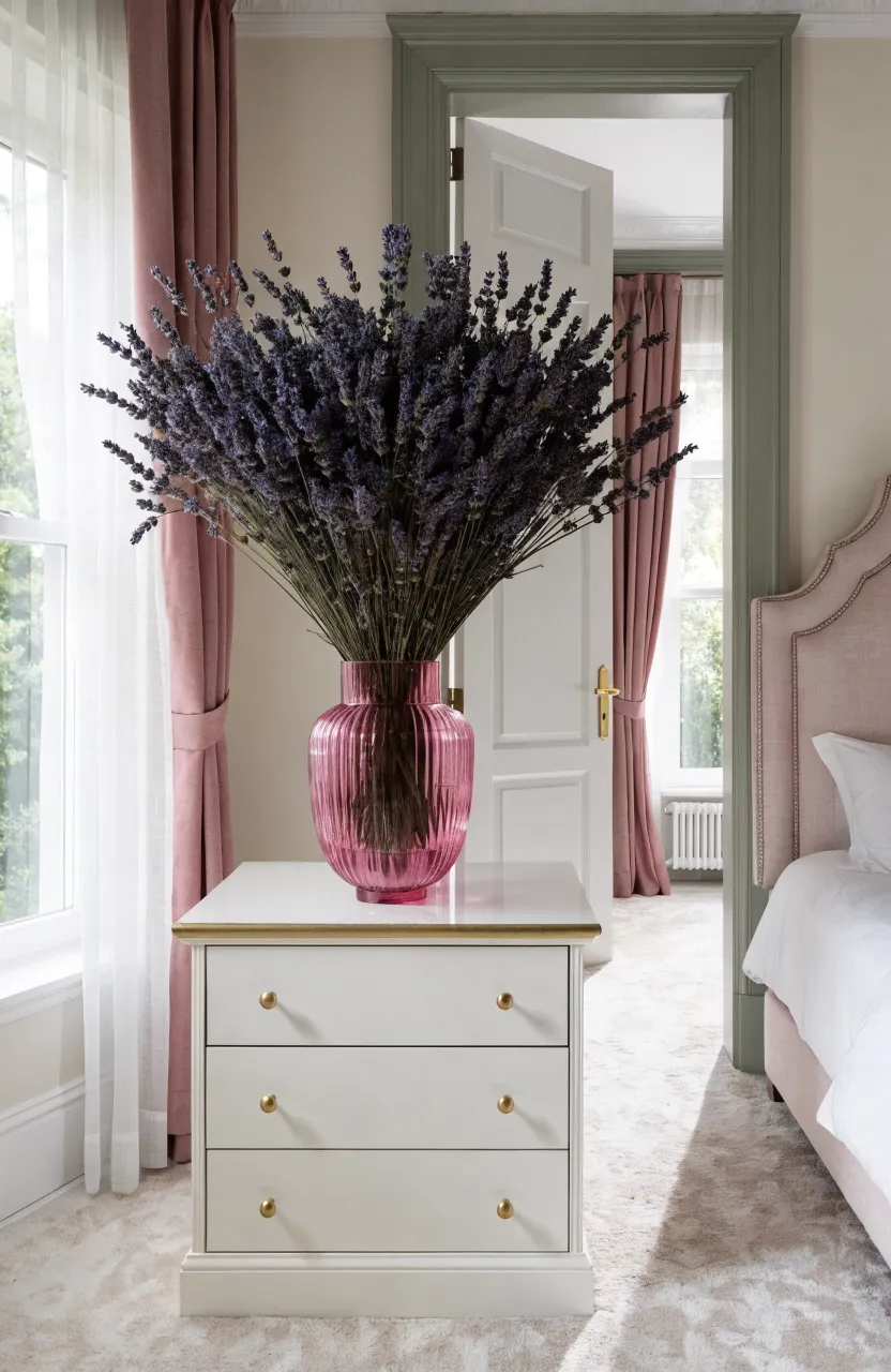 Dried lavender in a pink glass vase on a dresser in a bright, airy pink bedroom.