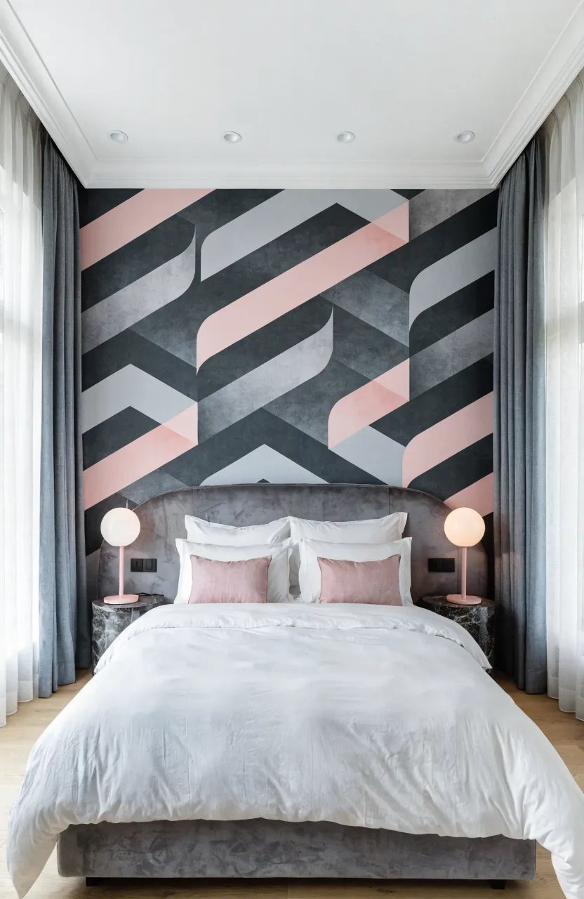 A modern bedroom with a gray and pink geometric patterned accent wall behind a velvet bed.