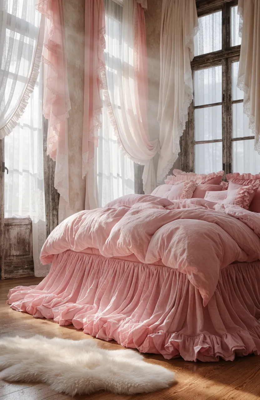 A soft pink ruffled bed skirt on a large bed in a romantic, sunlit bedroom.