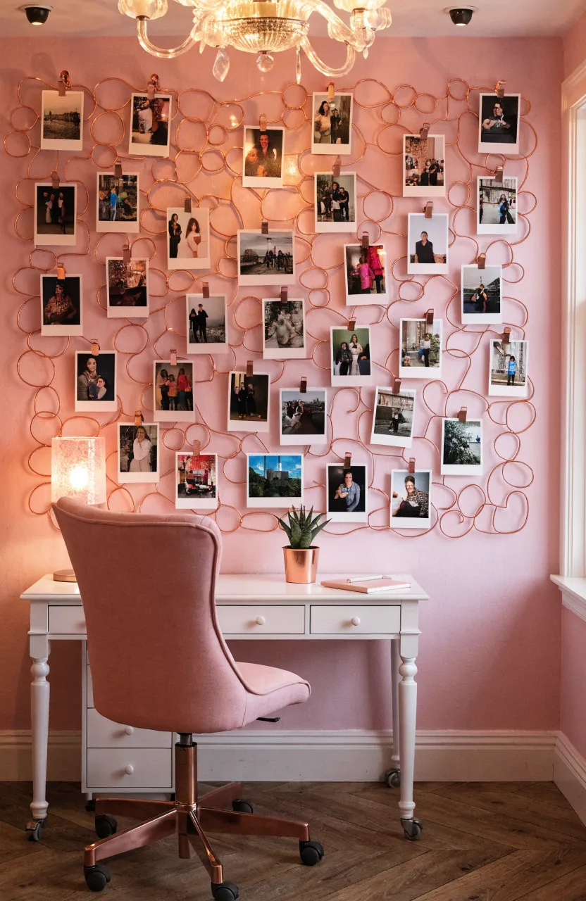 A rose-toned copper wire photo grid with Polaroids on a pink bedroom wall above a white desk.