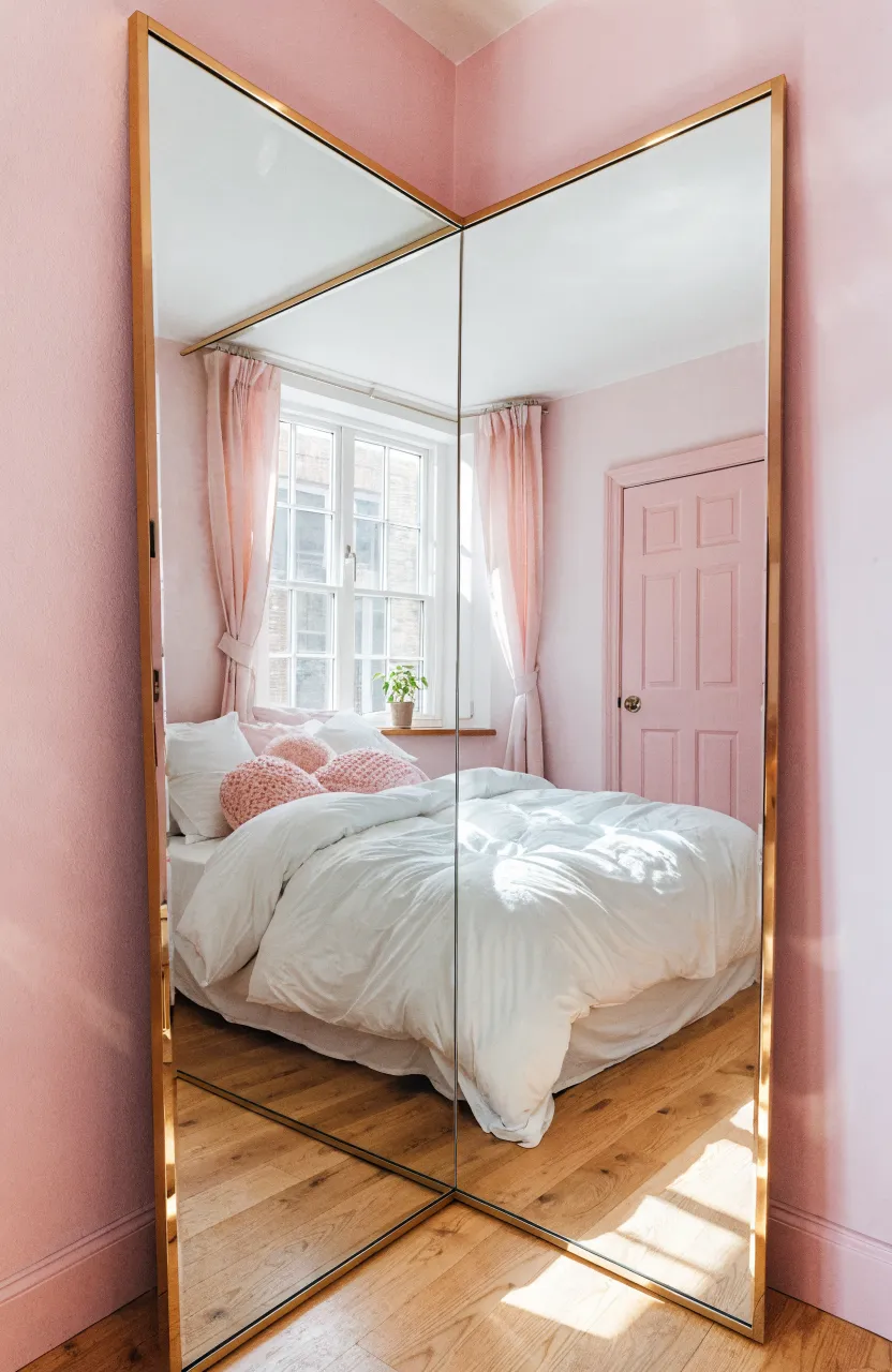 A large gold-framed floor mirror leaning against a wall in a small, bright pink bedroom.