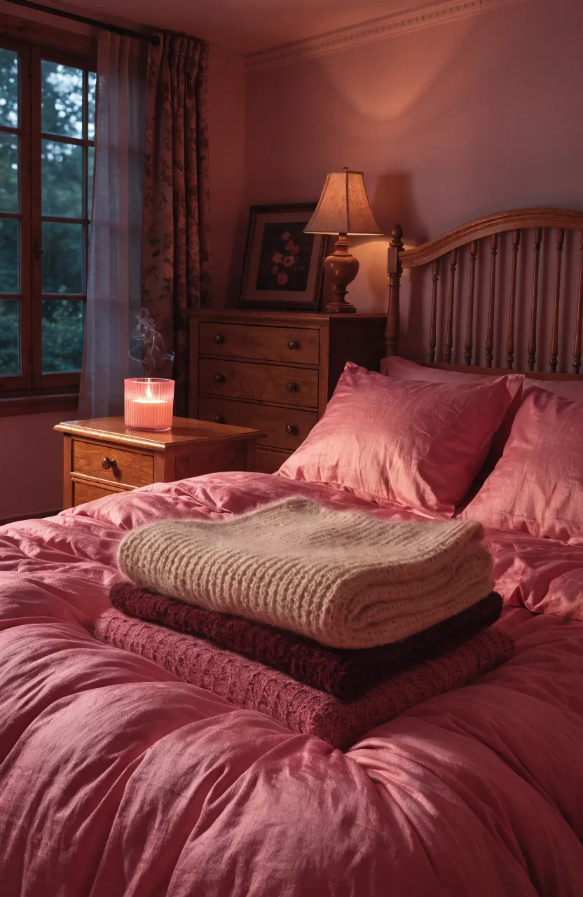 A lit candle in a pink jar on a nightstand in a warm, cozy bedroom with soft lighting.